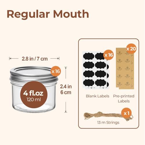 ComSaf 4 oz Mini Mason Jars Bulk Set, 16 Pack Glass Jars with Lids