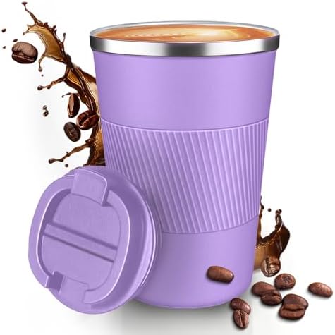 12OZ Travel Coffee Mug Insulated Coffee Cup with Spill Leak Proof Lid, Portable Stainless Steel Tumbler Reusable Hot and Cold Water Mug for Car, Daily, Camping- Purple