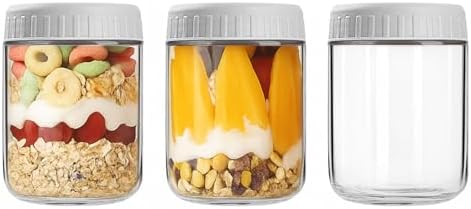 Overnight Oats Containers with Lids, 16oz Wide Mouth Mason Jars with Lids, 3 Pack Glass Jars with Airtight lid for Chia Pudding Yogurt Salad, Meal Prer Oatmeal Jars, Gray