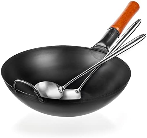 YOSUKATA Carbon Steel Wok and Stir Fry Pans 13,5 “ + 17’’ Wok Spatula and Ladle
