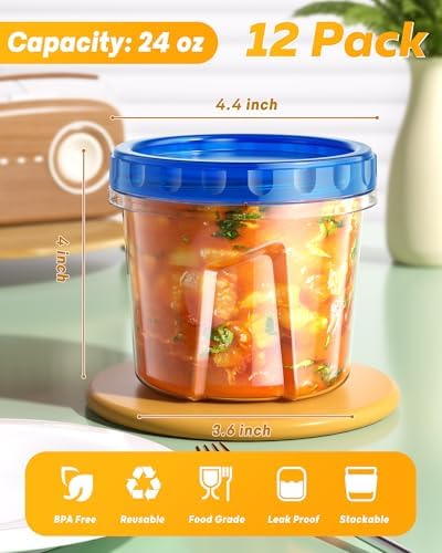 BiuLeon 12 Pack-24 oz Freezer Storage Containers, Airtight Twist Top Lids Food Containers for Soup Leftover Lunch Fruit Salad,BPA Free, Reusable, Stackable