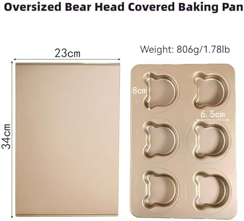 Muffin Top Pan with Lid 3.7inch Jumbo Size, 6 Cup Straight Side Professional English Muffin Cupcake Pan for Baking, Non-Stick Hamburger Bread Forms - Stainless Steel, Gold, Bear Shape