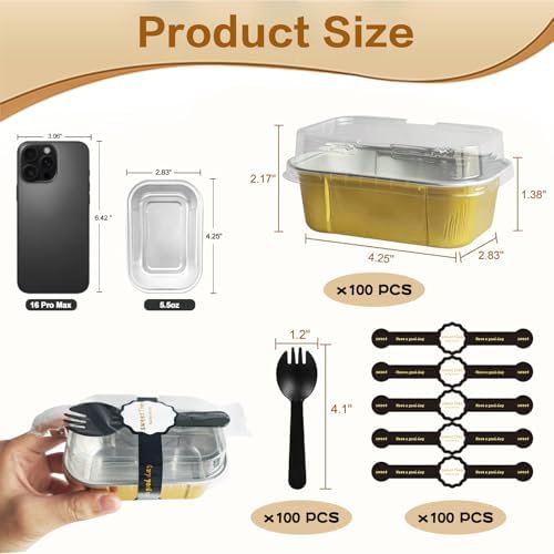 Mini Cake Pans With Lids And Spoons,5.5 oz Rectangle Mini individual Loaf Pans Disposable Aluminum Foil Small Baking Cups Tins (100, Gold)