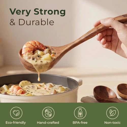 Wooden Ladle for Soup, 3 Large Size Teak Wood Ladle Spoon Set
