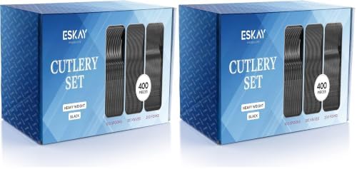 Heavy Weight Plastic Silverware Set - 200 Forks, 100 Knives, 100 Spoons - Disposable Cutlery Combo (Black) (Pack of 2)