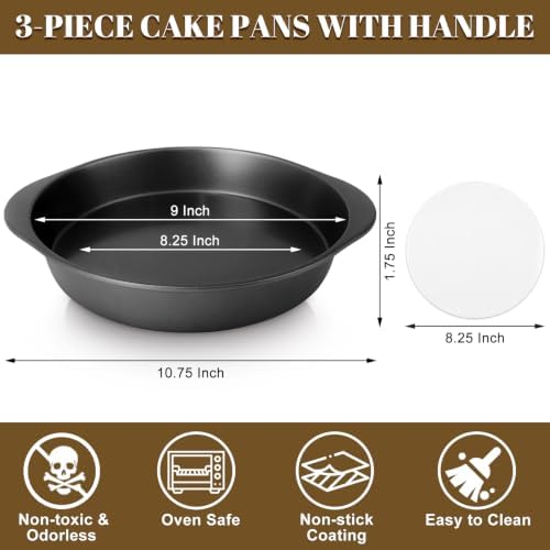 9 Inch Cake Pan Set, 3-Piece Carbon Steel Round Cake Pans with 100 Pre-Cut Parchment Paper Rounds, Nonstick Baking Pans for Layer Cakes, Pizza and Desserts