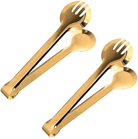 2-Pack 9 Inch Stainless Steel Gold Salad Tongs, Non-slip & Easy Grip Smart Locking Clip Handy Utensil for Cooking, Serving, Barbecue, Buffet, Salad, Ice, Oven