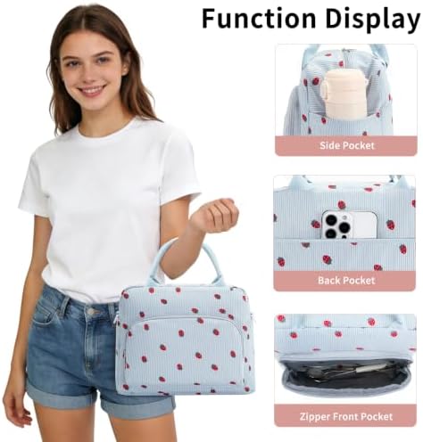 GASSDA Lunch Box for Women Insulated Lunch Bag Women Adult Cute Lunch Bags Reusable Lunchbox Cooler Tote Bag for Work Picnic (Blue-Strawberry)