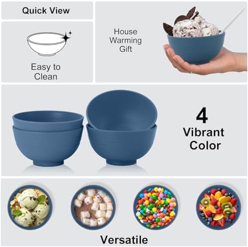 Wrova wheat straw dessert bowls 10oz set of 8 - Unbreakable snack Bowls Dishwasher Safe - Handy Bowls for Ice Cream,Yogurt and Fruits. Blue