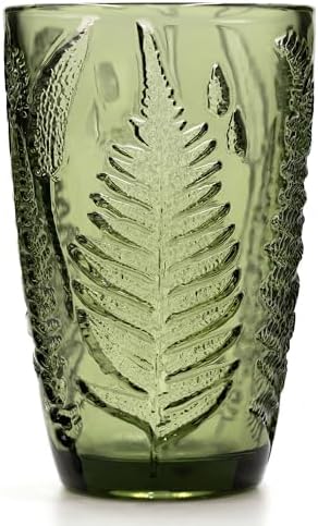 Vintage Green Drinking Glass, 12 oz Hand-Pressed Deep Textured Glass Cup, Fern Embossed Retro Glassware, Decorative Tumbler for Water, Cocktails & Juice, Boho Colored Kitchen Drinkware, Unique Gift