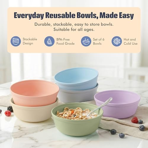 MASTERCOOK Plastic Bowls Set of 6 – 15oz Multipurpose Deep Plates Salad and Pasta Bowls Ideal for Home, Kids, Parties – Stackable Bowl for Kitchen – Non-BPA and Food Grade – Pastel Colors