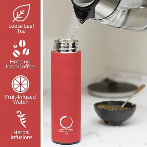Pure Zen Tea Insulated Tea Infuser Bottle, 15 oz, Tea Thermos with Infuser