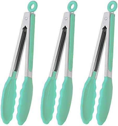 HINMAY 9" Kitchen Cooking Tongs with Silicone Tips, Set of 3 (Mint)