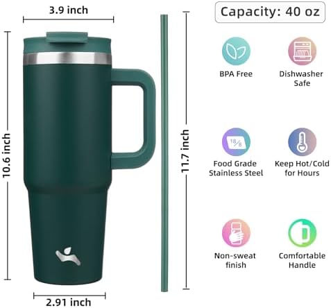 Konokyo 40 oz Insulated Tumbler Water Bottle with Handle, Straw Lid