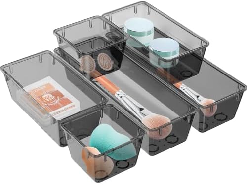 6 Pack Clear Drawer Organizer Set, Drawer Storage Trays, Storage Bins