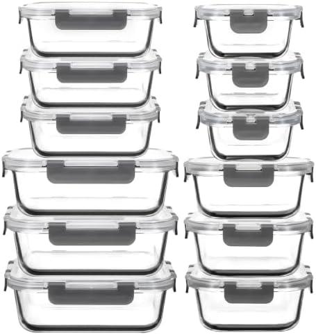 AILTEC 12 Pack Glass Meal Prep Containers Set, Airtight Snap Lids, 4 Sizes