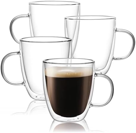 CNGLASS Large Glass Coffee Mugs 17oz,Double Walled Insulated Clear Coffee Cups with Handle,Clear Espresso Mugs for Cappuccino,Latte,Tea Bags,Hot and Cold Beverages,Set of 4