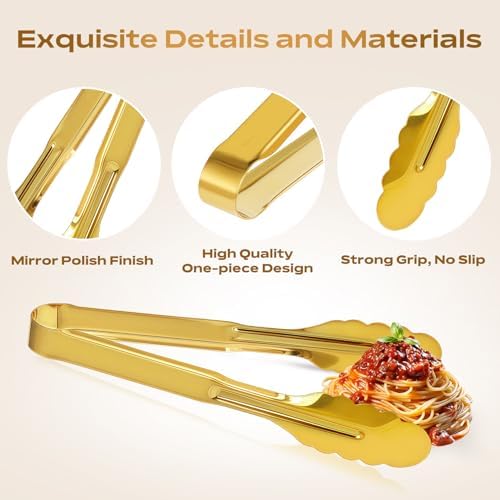 4 Pack Stainless Steel Serving Tongs, 9 Inch Gold Salad Tongs Serving Utensils Buffet Tongs Gold Plated Heavy Duty Reusable Metal Kitchen Clips for Salad, Snack, Barbecue, Catering, Wedding, Party