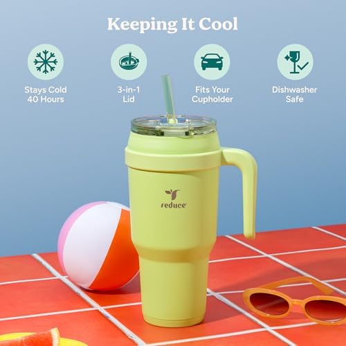 REDUCE 40 oz Stainless Steel Tumbler with Handle - Dual-Wall Vacuum Insulated Travel Mug, Sweat-Proof Lid & Reusable Straw - Keeps Drinks Cold for 24 Hrs, Fits Cupholders, Dishwasher Safe - Mojito