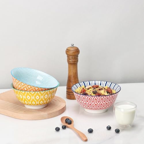 KitchenTour Ceramic Bowls Set - 30 oz Serving Bowls For Kitchen - Cereal, Ice Cream, Soup, Salad, Rice, Dessert Ceramic Bowls - Assorted Colorful Set of 6 - Microwave Dishwasher Safe - 7 Inch
