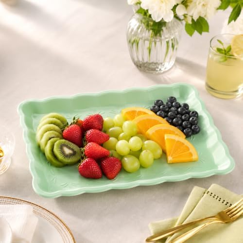6 Pack Light Green Plastic Serving Trays for Party, 9 x 13 Inch - Heavy Duty Plastic Trays for Food - Rectangular Party Serving Trays and Platters - Green Disposable Trays