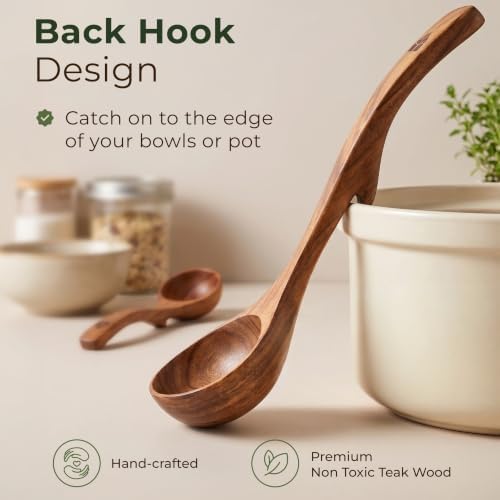 Wooden Ladle for Soup, 3 Large Size Teak Wood Ladle Spoon Set