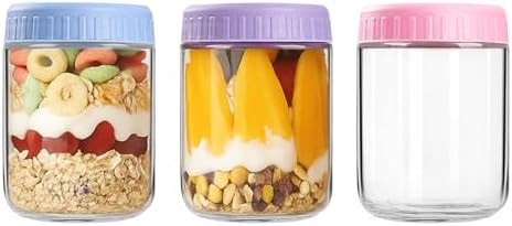 Overnight Oats Containers with Lids, 16oz Wide Mouth Mason Jars with Lids, 3 Pack Glass Jars with Airtight lid for Chia Pudding Yogurt Salad, Meal Prer Oatmeal Jars