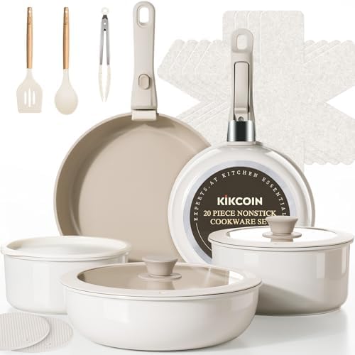 KIKCOIN Nonstick Pots and Pans Set, 20 Pack Cookware Set with Detachable Handle, Induction RV Kitchen Cooking Set with Removable Handle, Frying Pans - Dishwasher/Oven Safe, PFOA Free