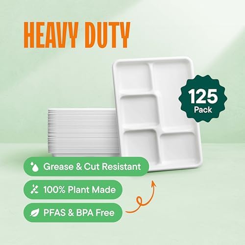 100% Compostable 5-Compartment Tray [125-Pack] Heavy Duty Bagasse Plates