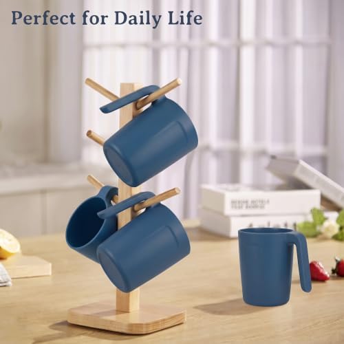 Wrova 16oz Wheat Straw Cups with handles set of 6-Plastic Cups Reusable-Unbreakable Kids Mugs-Dishwasher Safe & Microwave Safe-Ideal Plastic Mugs for Tea,Coffee,Camping,RV-Navy Blue