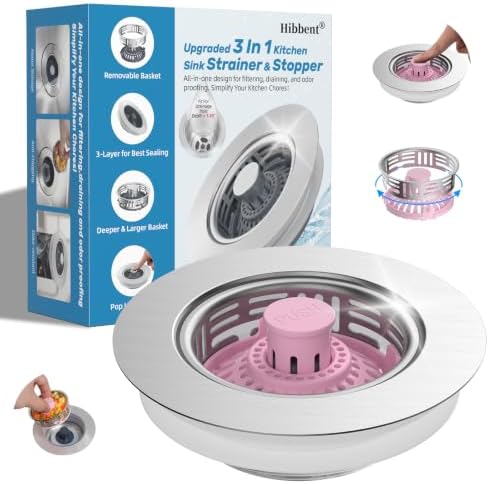 Hibbent 3 in 1 Kitchen Sink Drain Strainer, Metal Pop Up Stopper