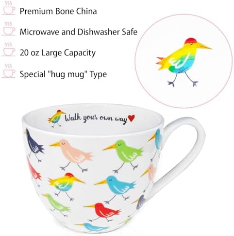 Birds Mugs for Daily Coffee and Tea, Premium 20 oz Bone China Coffee Tea Hug Mug, Perfect Holiday, Birthday and Christmas Gift for Bird Lovers, Designed in England by Harvest Green Studio