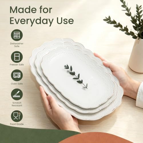 Kassel Ceramic Serving Platter Set | 16”/14”/12” Oval Serving Trays for Entertaining at Parties and Weddings | Oven Safe Extra Large Serving Trays for Tacos, Steak, and Cake