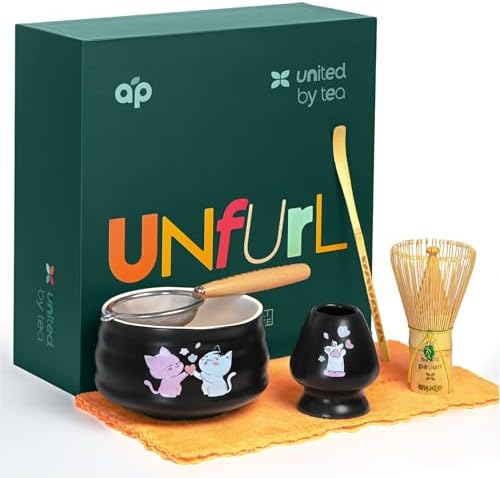 Aprika Life Matcha Whisk Set 6 Pcs - Ceramic Matcha Bowl, Bamboo Whisk, Matcha Whisk Holder, Scoop, Sifter & Tea Cloth - Traditional Handmade Matcha Set - Unfurl Black with Cat print
