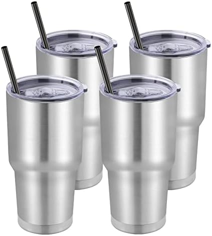 DOMICARE 30 oz Tumbler with Lid and Straw, Stainless Steel Tumblers Bulk, Insulated Vacuum Double Wall Travel Coffee Mug, Durable Powder Coated Tumbler Cups (Stainless Steel, 4)