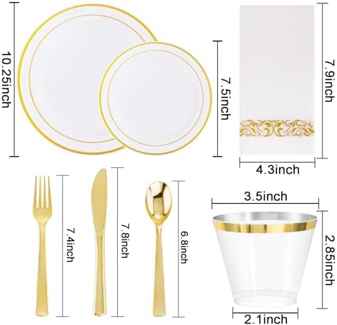 WELLIFE 700 Pieces Gold Plastic Dinnerware Set for 100 Guests - Includes Plates, Cups, Napkins, and Disposable Cutlery - Elegant White & Gold Design, Perfect for Parties and Events