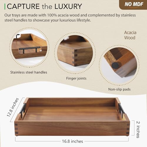 Joy&Grace Acacia Wood Ottoman Tray with Handles 16.7" x 12.8"
