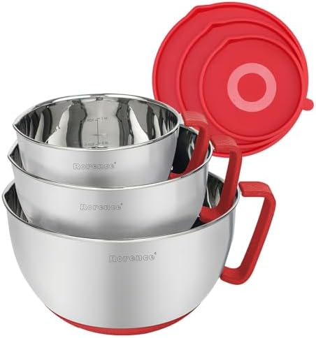 Rorence Stainless Steel Mixing Bowls Set with Lids,1.5,3 & 5 Qt,Red