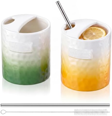 2 Pack Ceramic Coffee Mug with Sip Hole, Gradient, Green, Yellow