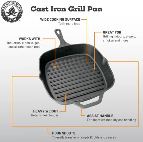 12 Inch Square Grill Pan Large Pre-Seasoned Cast Iron