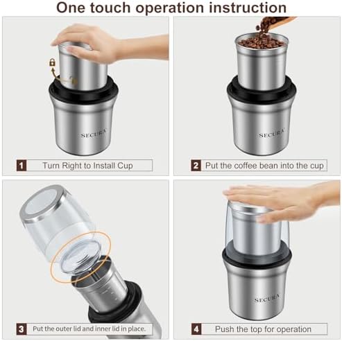 Secura Electric Coffee and Spice Grinder, 1 Removable Bowls, Stainless