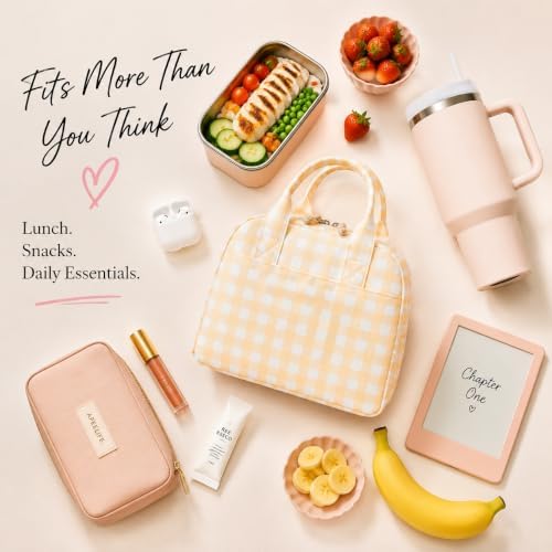 LOVELYWIND Lunch Bag for Women, Insulated Lunch Box, Yellow Gingham Tote