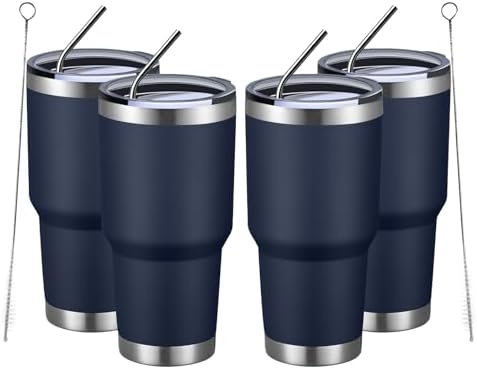 MEWAY 30oz Insulated Tumbler With Lids and Straws,Stainless Steel Double Vacuum Coffee Tumbler Cup, Brush, Durable Powder Coated Coffee Cup for Cold & Hot Drinks, Office, Travel(Navy,4 PACK)