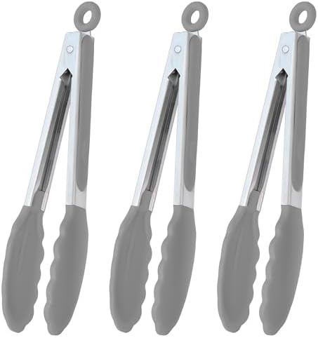 HINMAY Locking Kitchen Tongs with Silicon Tips 9-Inch, Set of 3 (Gray)