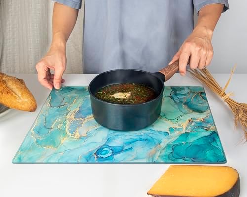 Kitchenville Glass Cutting Board 16"x12": Tempered Glass Kitchen Counter Protector - Durable- Scratch-Resistant, Heat-Proof - Design 9 - Teal Ocean