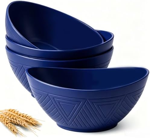 Homienly Wheat Straw Bowls, 9.6 inch Salad Bowls, Large Serving Dishes for Wedding Parties, Camping, 60 OZ Bowl Set for Salad, Popcorn, Oval Shape, Microwave & Dishwasher Safe, Set of 4, Dark Blue