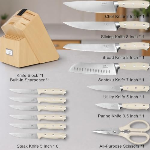 WANGMAZI 15‑Pcs Knife Block Set, Ultra Sharp, Natural Pro