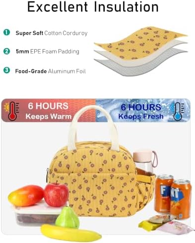 Lunch Box Lunch Bag Insulated Lunchbox Cute Reusable Lunch Tote bags for School Work Picnic for Kids Girls Women (Yellow Floral)