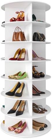 SpaceAid 7 Tier Rotating Shoe Rack Tower, Spinning Shoe Display Lazy Susan, Revolving 360 Shoe Rack Storage Round Carousel, Vertical Handbag Rotate Shoes Closet Organization (7-Tier White)