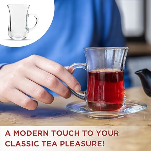 Tea Glasses with Handle Set of 12, Slim Waist Design & Thick Base, Teacups